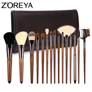 Zoreya 15Pcs Eye Make-Up Kwasten Set Met Zwarte Walnoot Handvat Nylon Haar Houten Oogschaduw Borstel Makeup Tools Pu tas