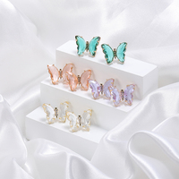 Boucles d'oreilles clous papillon HOVANCI INS plaquées or véritable, couleur rose brillante, en verre, avec cristaux transparents, pour filles, idée cadeau