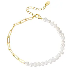 High Quality 14K Gold Plated Natural Pearl Bracelet 925 Sterling Silver Freshwater Pearl Bracelets Women Jewelry