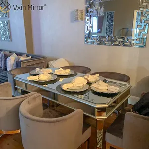 Vxin Hot sale champagne gold Dining Table with chair mirrored Design Glass dinning table Middle Eastern for Living room