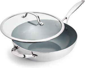 Poêle à frire en acier inoxydable triple couche, poêle à sauter avec revêtement céramique, compatible gaz et induction, 3 couches d'acier inoxydable, wok de 32 cm - Product Image 1