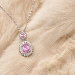 Collar con colgante de doble halo ovalado de circonita cúbica rosa, elegante joyería para mujer, personalizable, OEM/ODM al por mayor - Product Image 2