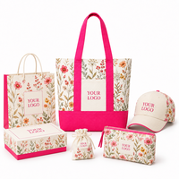 Bolsa de Lona Floral al por Mayor, Juego de Bolsas Cosméticas Personalizadas con Logotipo, Ribete Rosa, con Refuerzo, Reutilizables, para Playa, Compras, Kit de Regalo