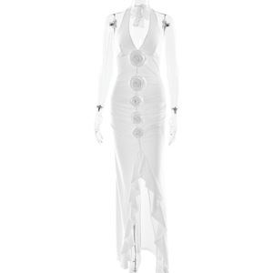 Robe longue de soirée pour femme, style européen, col halter, décolleté plongeant en V, dos nu, motif floral, fente, coupe ajustée, printemps - Product Image 5