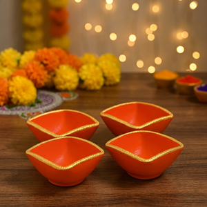 <b>Red</b> And Gold Square Shaped Terracotta Diyas Handcrafted Decorative Oil Lamps For Diwali Festive Home Decor Pack Of 4 - Product Image 4