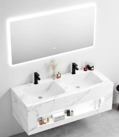 Ensemble de meuble-lavabo mural moderne en marbre avec double vasque, miroir LED intelligent et design de luxe à double bassin