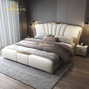 Modern Slaapkamermeubilair Kingsize Knoop Getuft Hoog Hoofdeinde Gestoffeerd Wit Lederen Zijlift Poef Opbergbed - Product Image 1