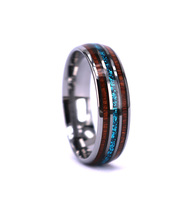 Bague en bois opale de feu bleue hawaïenne et Koa, argent tungstène, bande de 8mm