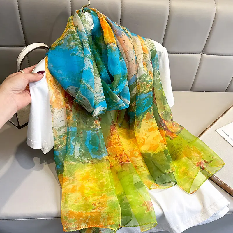 Bufanda de seda con estampado de pintura al óleo para primavera y otoño, chal de playa con aire acondicionado, a la moda, para verano, 2022