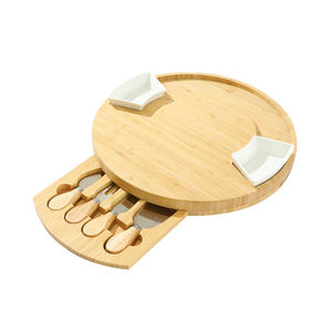 Plateau à fromage rond en <span class=keywords><strong>bambou</strong></span> avec 4 couteaux, plateau à gâteaux, à collations et à charcuterie avec un seul tiroir - Product Image 1