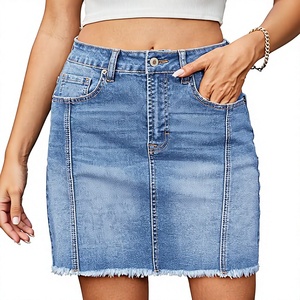 High Waisted Denim Mini <b>Skirt</b> Solid Color Distressed Pockets Casual Women's Pencil Fit Regular Size Spring Style - Product Image 1