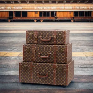 复古套装3个木制宝箱行李箱海盗箱木制行李箱盖装饰储物箱复古行李箱手推车