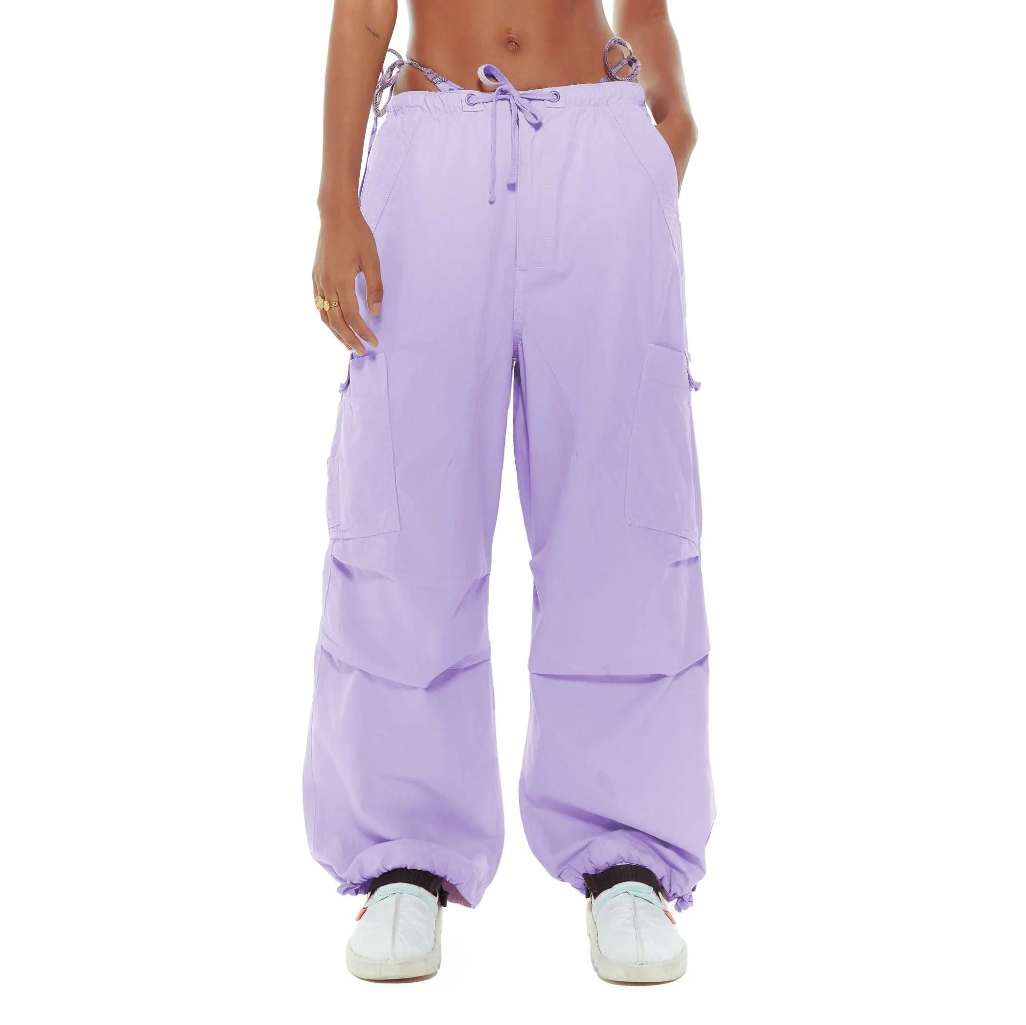 Custom Autumn Oversized Multi Pocket Style Baggy Cargo Pants Drawstring Waistband Pleated Knee Purple Woman Parachute Pants