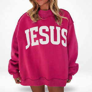 Novedades: Suéter de cuello alto oversize rosa con estampado de Jesús para mujer, de manga larga, de punto de algodón, estilo otoño-invierno, ropa de fe. - Product Image 1