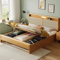Ensemble de chambre à coucher en bois massif noir simple, taille King, avec cadre en rotin et rangement, lit à LED pour appartement - Vente en gros