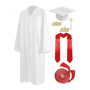 Robe de graduation unisexe pour adultes 2025, blanche mate, 39-63 pouces, avec toque et pompon, étole et cordon d'honneur rouge 60-72 pouces, 100% polyester - Product Image 4