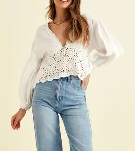 China Fabrikant Hoge Kwaliteit Groothandel Zacht Katoen Dame Witte Lange Mouw Mode Blouse Shirts Voor Vrouwen