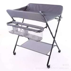 Foldable Portable Baby Changing <b>Table</b> With <b>Wheels</b> And Storage Gray Metal Frame Height Adjustable <b>For</b> Newborn Care - Product Image 1