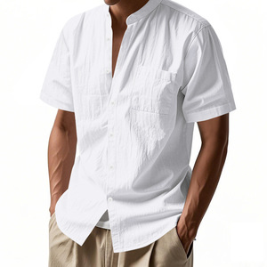 <span class=keywords><strong>Chemise</strong></span> d'été décontractée pour homme en lin, coupe ample, couleur unie, col montant, manches courtes, idéale pour la plage - Product Image 2