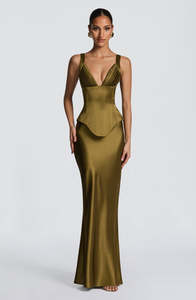 Élégant ensemble de sirène en satin <span class=keywords><strong>vert</strong></span> olive avec col en V profond et dos à lacets pour invité de fête de mariage <span class=keywords><strong>robe</strong></span> de soirée formelle 2 pièces - Product Image 5