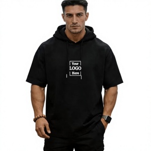 Men's Black Hooded Short Sleeve T-Shirt Oversized Cotton Jersey Casual Solid Front Logo Print Breathable Knitted - Product Image 1