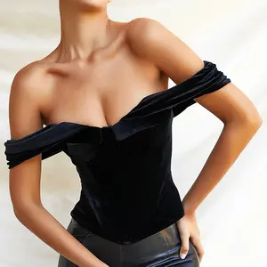 T-shirt à manches courtes en velours noir pour femmes, Corset Sexy, nouvelle collection 2023