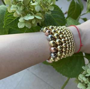 E136 <span class=keywords><strong>Bracelet</strong></span> boules dorées tendance avec perles <span class=keywords><strong>argent</strong></span> <span class=keywords><strong>Bracelet</strong></span> élastique fait main pour femme homme - Product Image 4