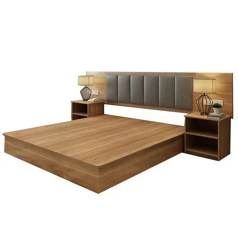 Conjunto de cama de casal luxuosa king size moderna, mobília de madeira maciça para apartamentos, hotéis, escolas e faculdades