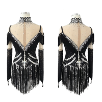 Robe de patinage artistique noire à franges, col montant, ornée de strass faits à la main, pour adultes et enfants, pour compétition et spectacle de danse sur glace