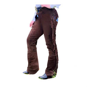 Exclusive Women's Brown Leather Suede Fringe Cowgirl Chaps with <b>Button</b> Closure Customized Colors for Motorcycle & Horse Riding - Product Image 1