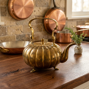 Vintage Brass Pumpkin Shape Tea Kettle With <b>Lid</b> And Handle Metal Water <b>Pot</b> - Product Image 5