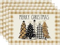 Napperon de Noël en tissu écossais motif arbre de Noël, set de table en lin tissé, décoration de table de fête pour la vente en gros