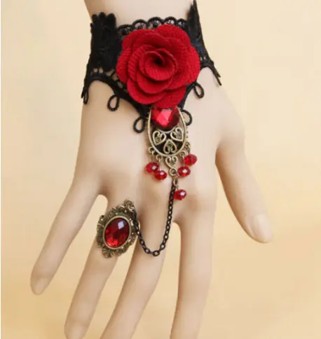 Elegante Hochzeits spitze Rose Blume Strass Perlen Manschette Hand Finger Kettenglied Ring Sklaven Armband