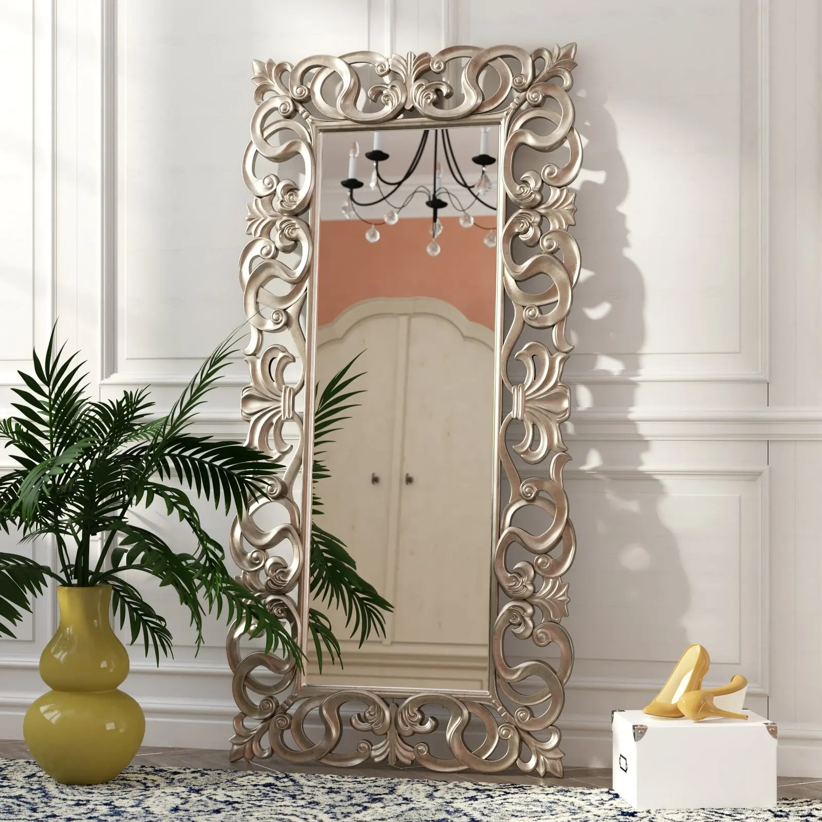 Spiegel Frame Antiek Zilver Gesneden Polyurethaan Populaire Muur Fancy Slaapkamer Dressing Spiegel