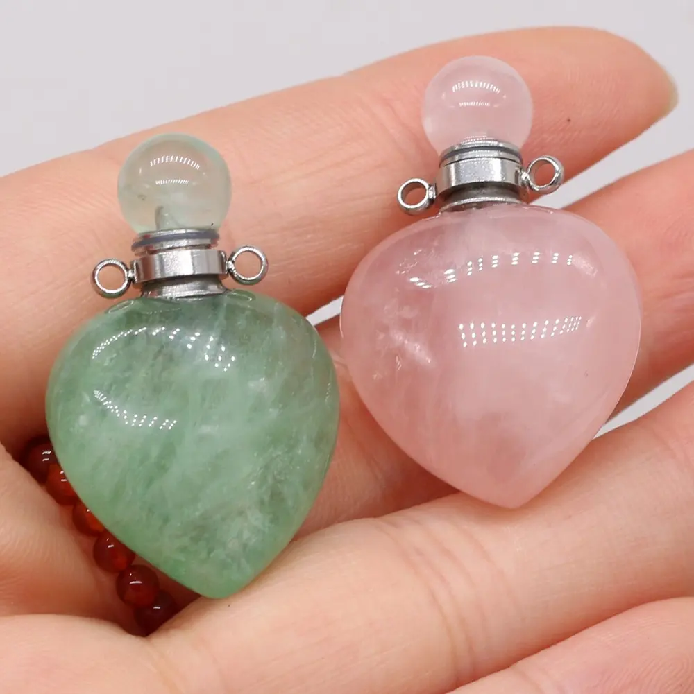 Collana con bottiglia di medaglione di profumo a forma di cuore, pendente in avventurina verde quarzo rosa, collane con diffusore di olio essenziale di Aroma 24x36mm