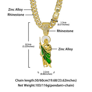 Conjunto de Cadena Miami Cuban Link y Colgante de San Judas con Diamantes CZ, Chapado en Oro, Estilo Hip Hop, Esmalte Verde, Religioso, de Moda - Product Image 6