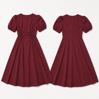 Vente en gros : Robe décontractée bordeaux pour femme, 100 % coton, col rond, manches courtes, longueur genou, pour le bureau ou les soirées, personnalisation OEM/ODM en usine