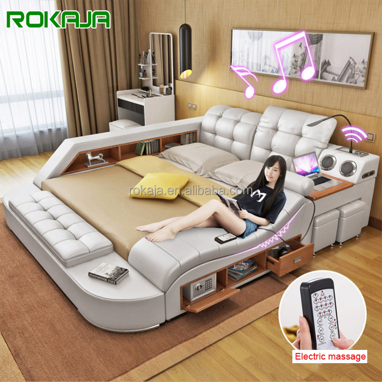 Cama inteligente moderna king size, cama multifuncional com cama de couro massagem móveis do quarto