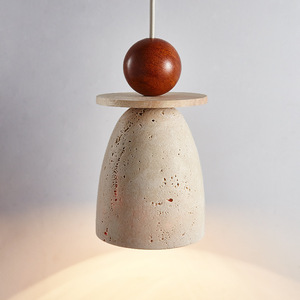 Luminaire suspendu en travertin jaune avec sphère en bois de noyer, style Wabi Sabi, pour salle à manger ou bar - Product Image 2