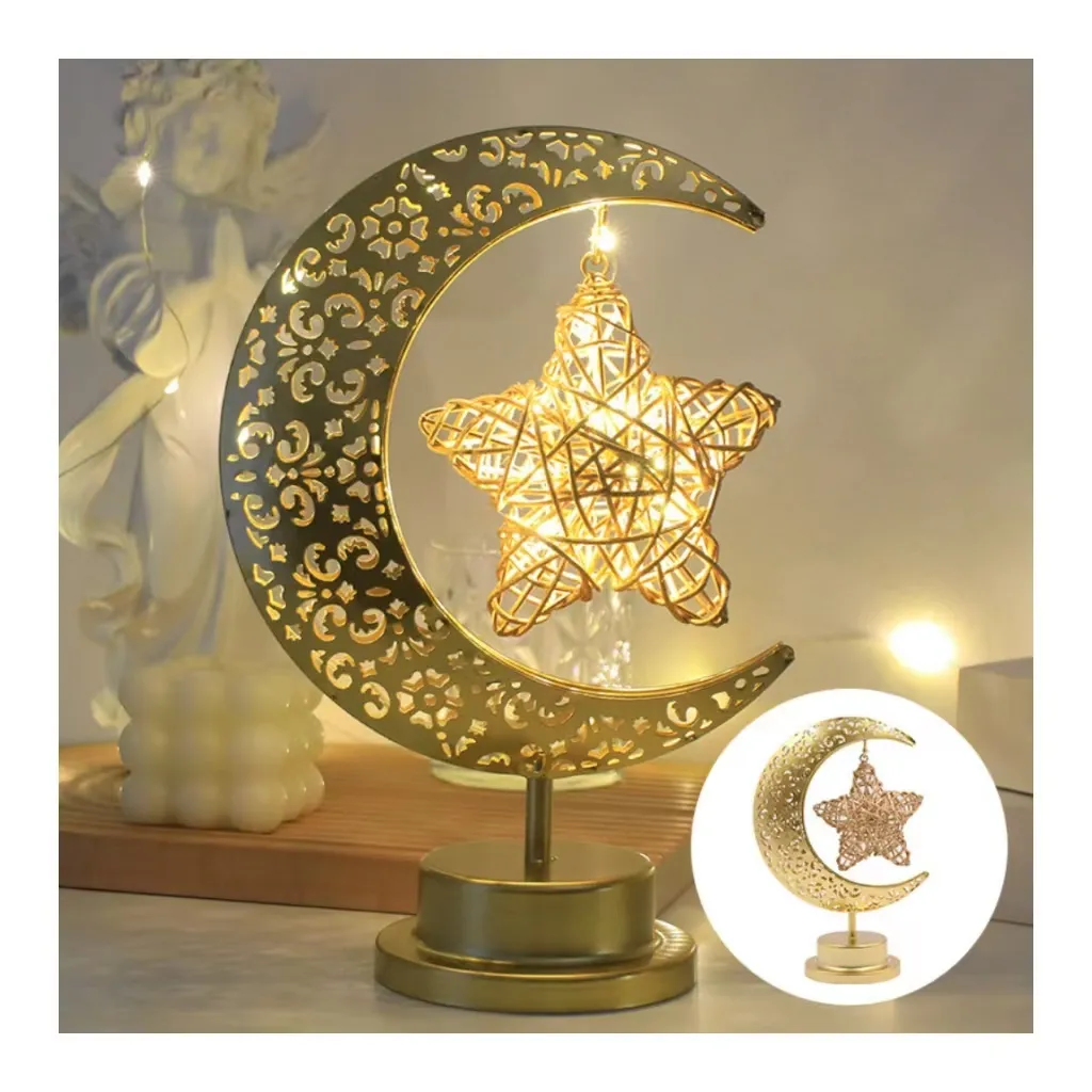 Sıcak satış EID ramazan ışıkları asılı rattan yıldız masa lambası LED demir sanat ay kale saray ışık zinciri Eid dekoratif ışıklar