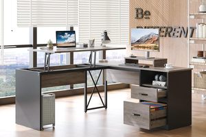 Bureau d'ordinateur en bois en forme de L moderne SENYU avec hauteur réglable et tiroirs pour dossiers, pour espace de travail à domicile - Product Image 5