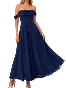 Vestido de Fiesta Largo con Hombros Descubiertos, Corte en A, Azul Marino, Satinado, Fruncido, Cintura Natural, Transpirable, Elegante y Formal para Mujer - Product Image 3