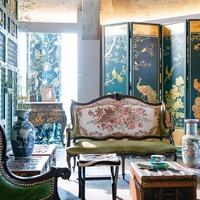 Canapé en cuir vintage de luxe de style français-chinoiserie, bois massif antique, artisanal, design original, meubles de salon importés