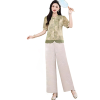 Ensemble pantalon et haut pour femme, style chinois, boutons grenouille, imprimé, haut à volants, pantalon large, vente en gros Chine