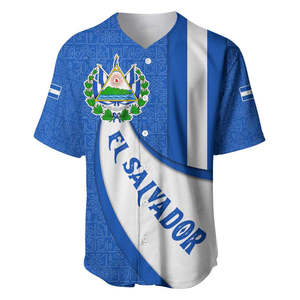 El Salvador wapen baseball shirt met gebogen tekst en blauw gepatroneerde achtergrond, groothandel polyester knoopsluiting baseball tops - Product Image 3