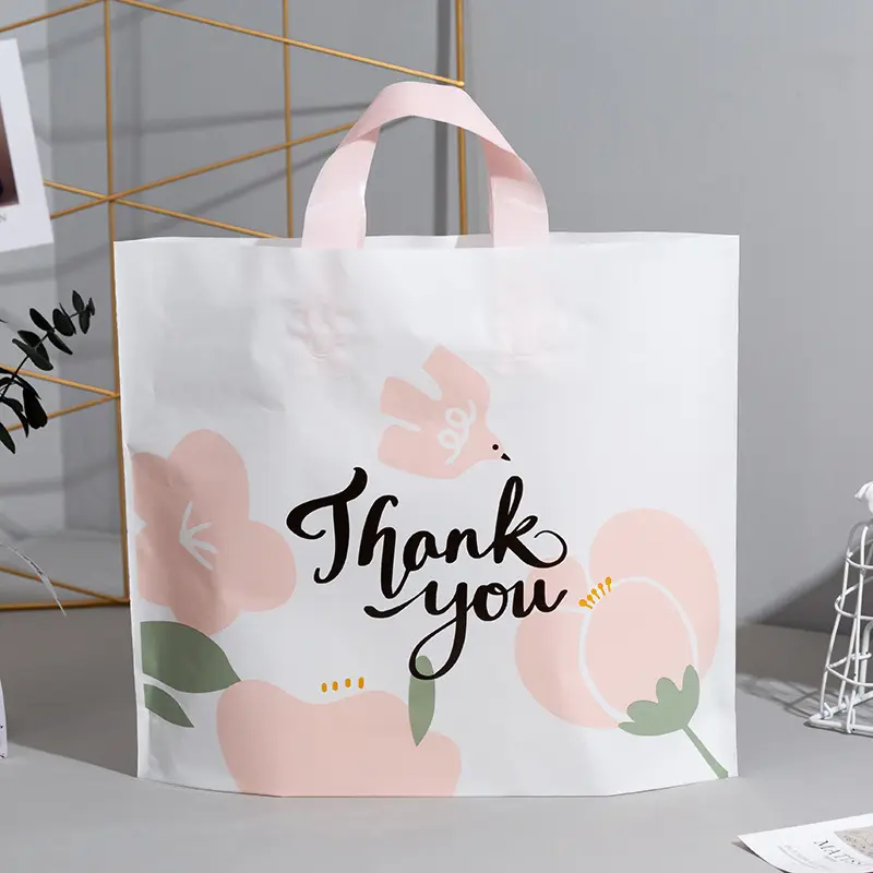 Recyclable retail Custom printed logo reusable plastic poly tote carrier Die Cut shopping Gift bags with soft loop handles