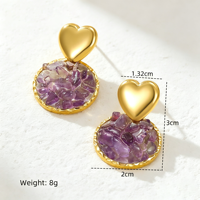 Bijoux personnalisés, pendentif en laiton texturé plaqué or 18 carats avec éclats de pierres naturelles, boucles d'oreilles pendantes en forme de cœur en améthyste concassée
