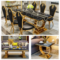 Ensemble Table et Chaises de Salle à Manger de Luxe Style Royal Turc en Métal, Mobilier Classique Moderne avec Plateau en Marbre, 6 Places