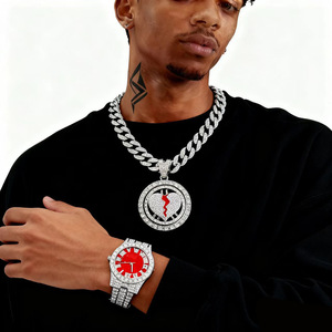 Reloj SL68 con Esfera Roja y Colgante de Corazón con Pedrería, Estilo Hip-Hop Europeo Americano, Conjunto de Joyería Unisex de Moda PD3105 - Product Image 1