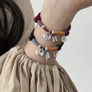 Pure Silver Chubby Lucky Bag <b>Rope</b> <b>Bracelet</b> Wine Red And Black Braided Charm Unisex Gift Jewelry - Product Image 1